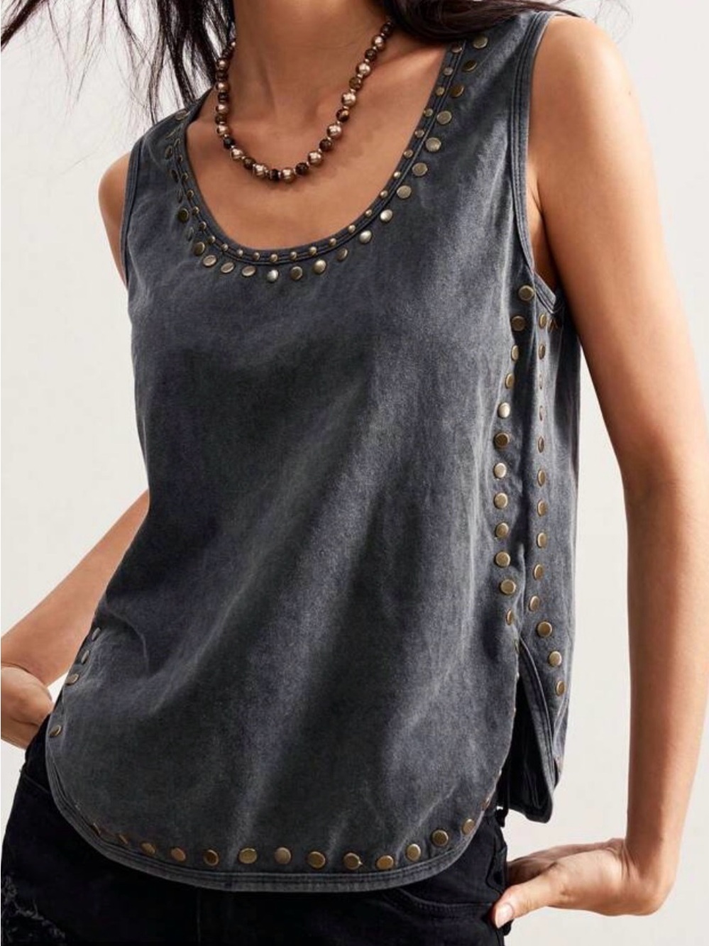 Women's Gray Scoop Neck Stud-Trim Tank Top